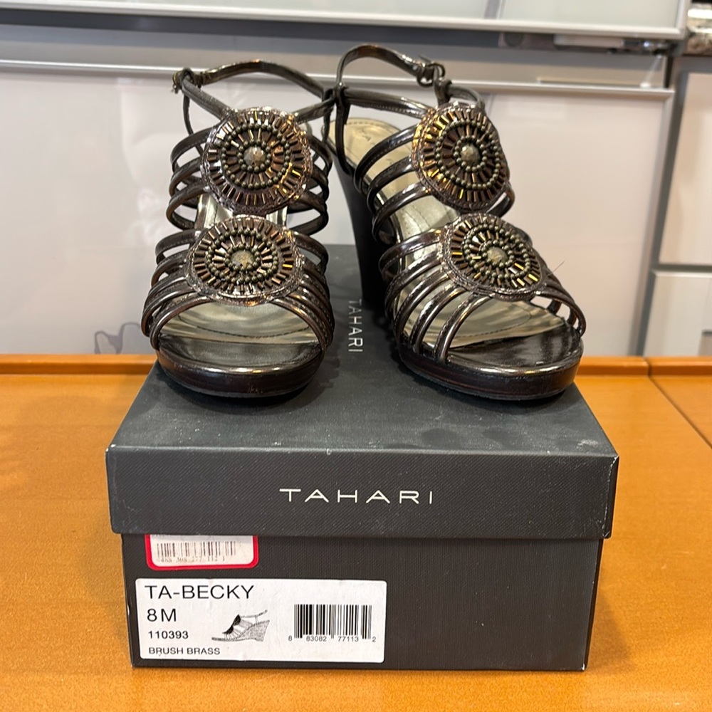 Tahari wedge heel sandal brown metallic leather